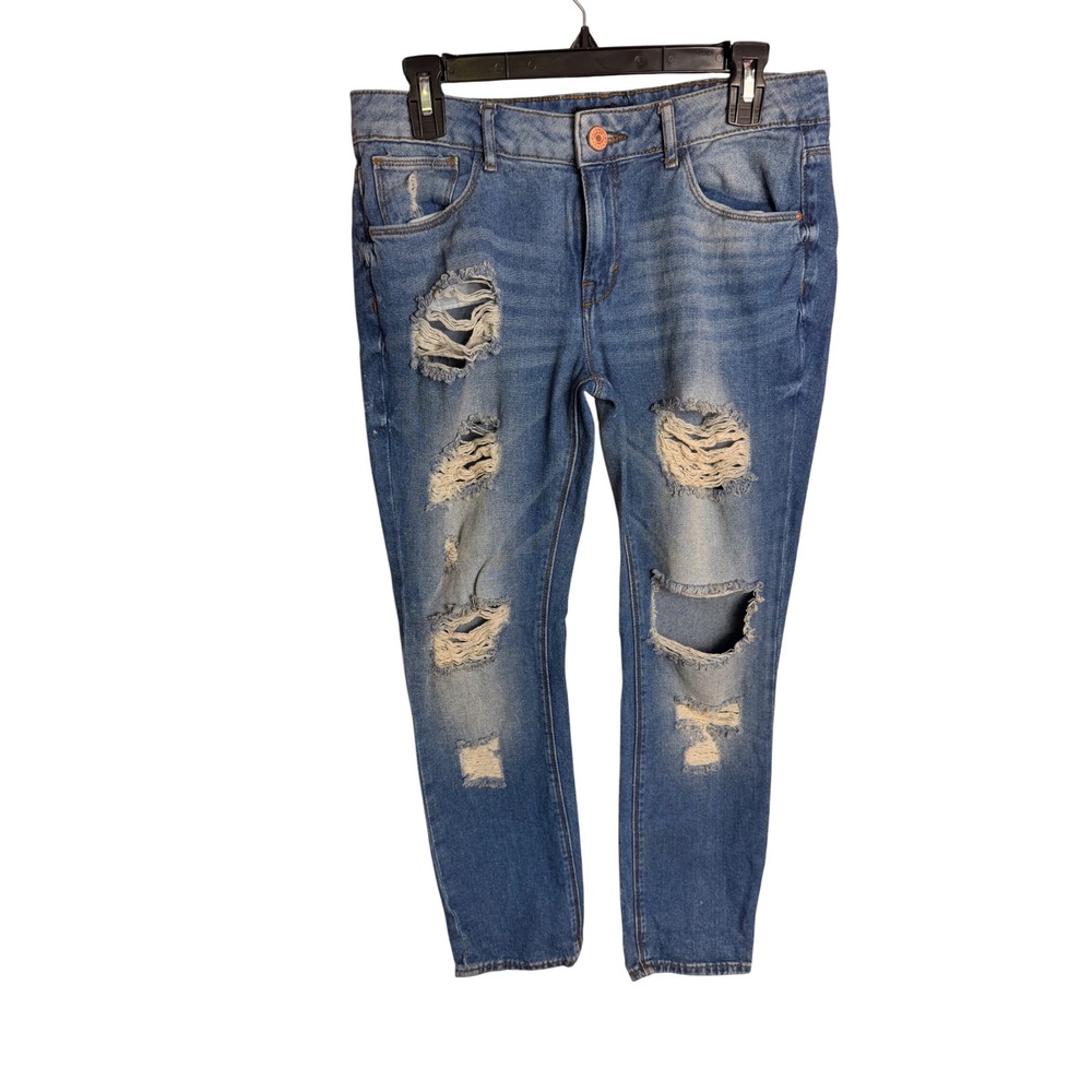 Refuge Distressed Boyfriend Jeans 8 Blue Ripped Tapered Leg 100% Cotton Denim